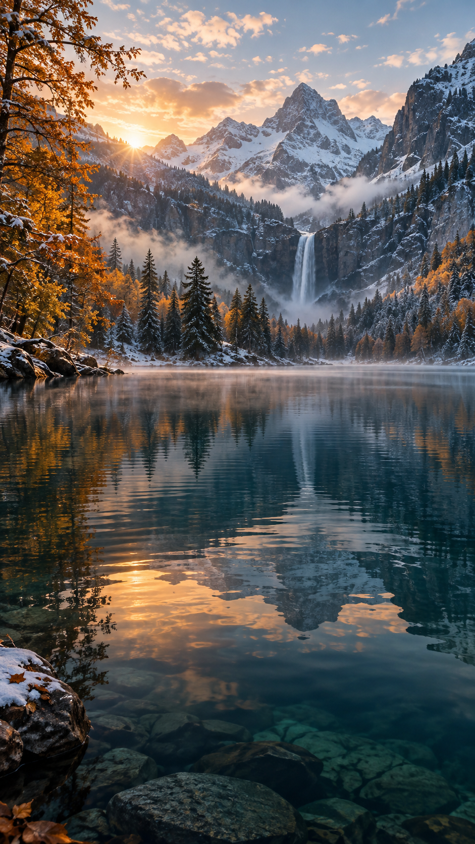 Lac de montagne calme, forêt d’automne, premières neiges et cascade à l’aube