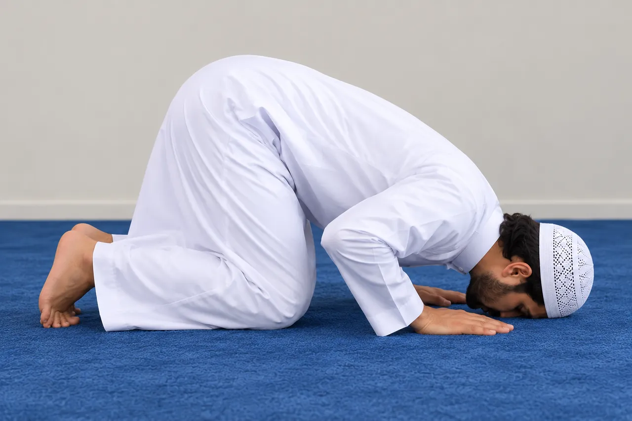 Homme prosterné, front et mains posés sur le tapis, genoux au sol.