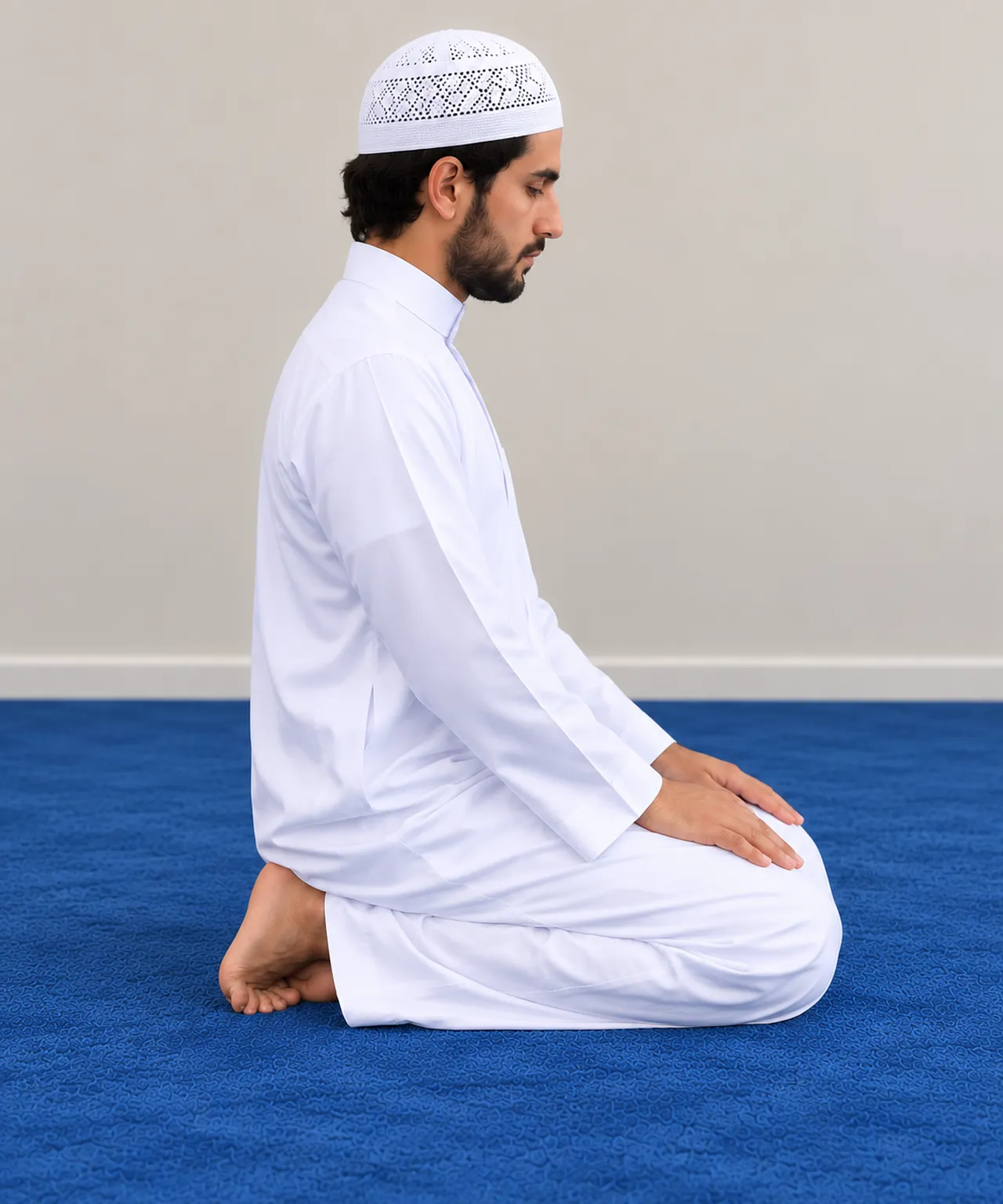 Homme assis entre les deux prosternations, mains posées sur les cuisses.