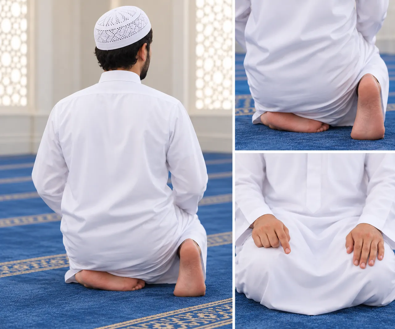 Homme assis pour le tashahhud : assis sur le pied gauche couché, pied droit dressé, main gauche posée sur la cuisse, index de la main droite levé.