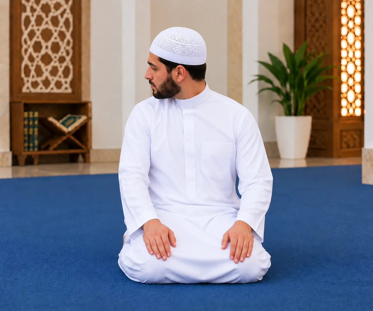 Homme assis sur un tapis de prière, tournant la tête vers sa droite pour le salut.