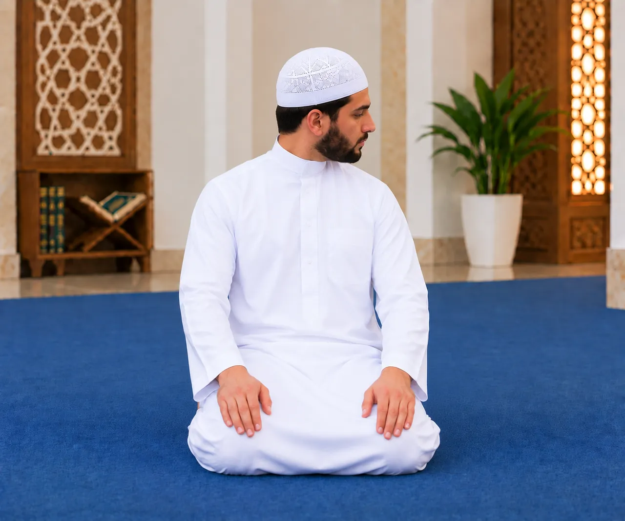 Homme assis sur un tapis de prière, tournant la tête vers sa gauche pour le salut.